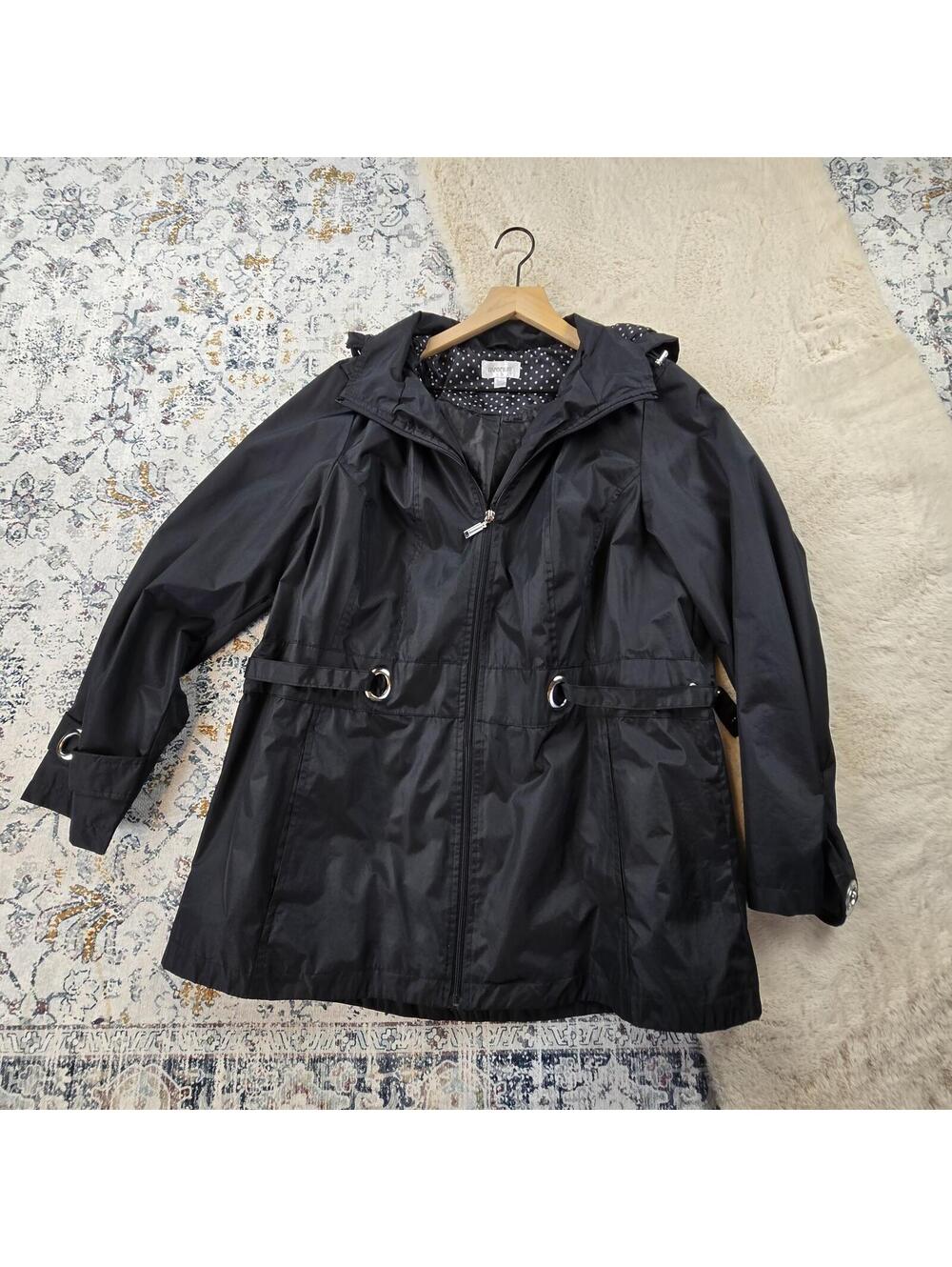 Avenue Black White Polka Dot Hooded Coat Jacket Women Plus Size 14/16